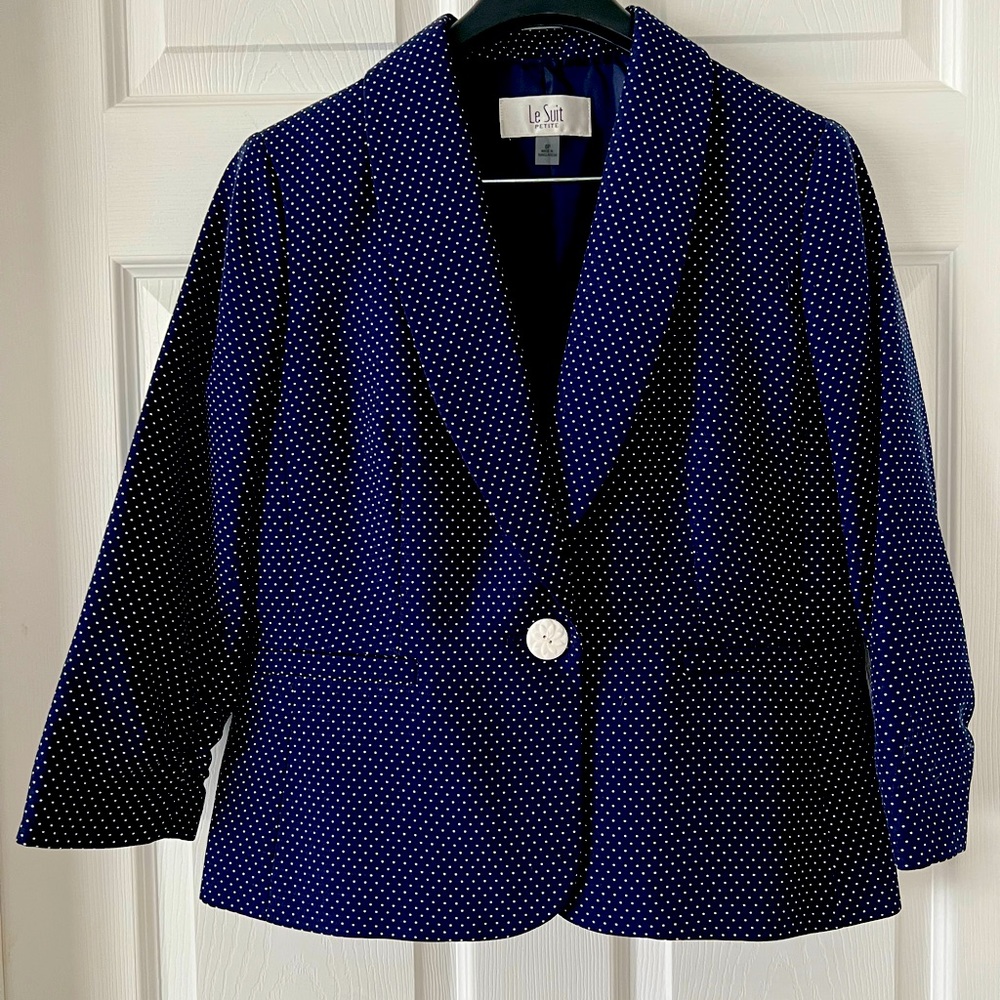 Business Jacket and skirt. Dark blue with small polka dots